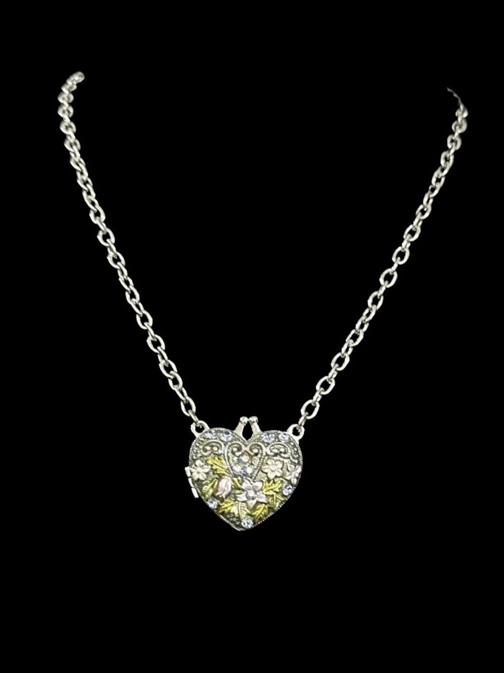 Silver Heart Floral Pendant Necklace - Women Jewelry
